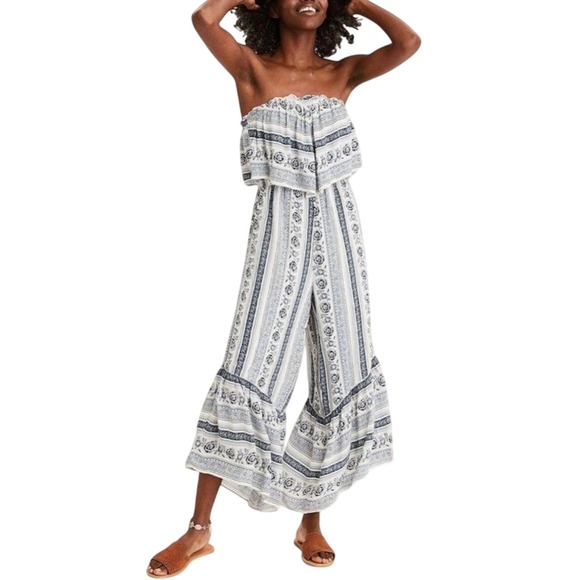 American Eagle Outfitters Pants - American Eagle Blue White Floral Boho Wide Leg Strapless Smocked Jumpsuit Size M